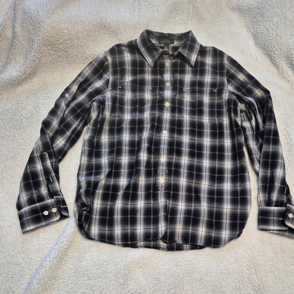Lauren Ralph Lauren Black White Plaid Button Down Shirt Cotton Long Sleeve M